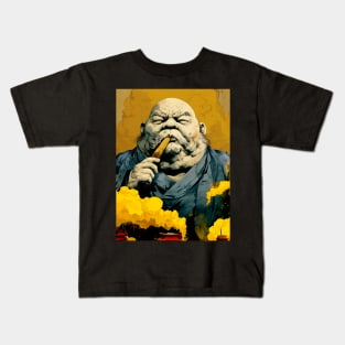 Puff Sumo: Smoking a Fat Robusto Cigar on a Dark Background Kids T-Shirt